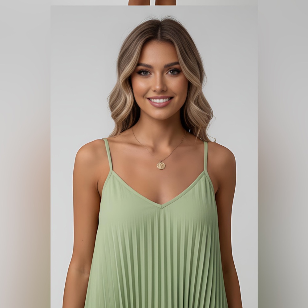 Pleated Spaghetti Strap Mini Dress Green - Picture 5 of 8